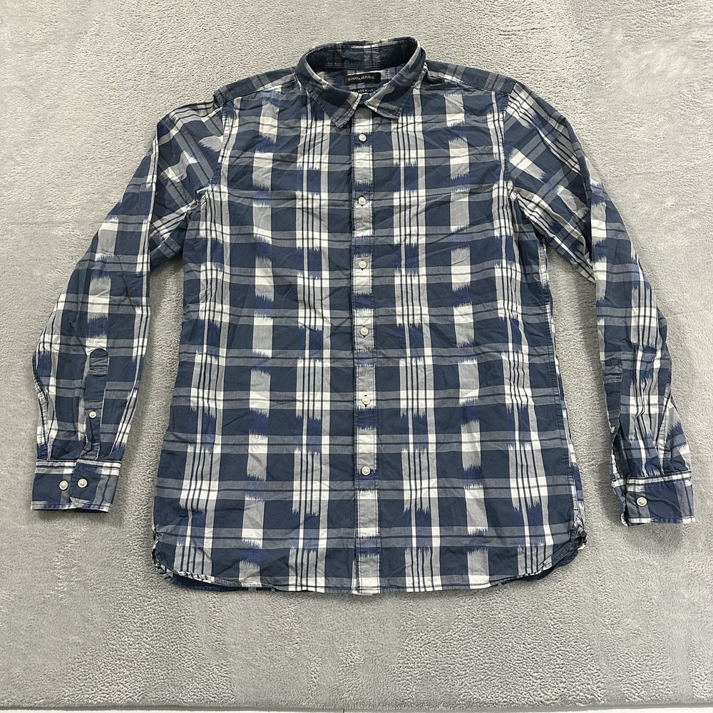 Banana Republic Button Dress Shirt Men L Tall Plaid Camden Fit Blue White Preppy